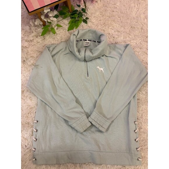 Victorias Secret Pink Quarter-Zip Pullover Sweatshirt Size S Teal - Picture 3 of 16